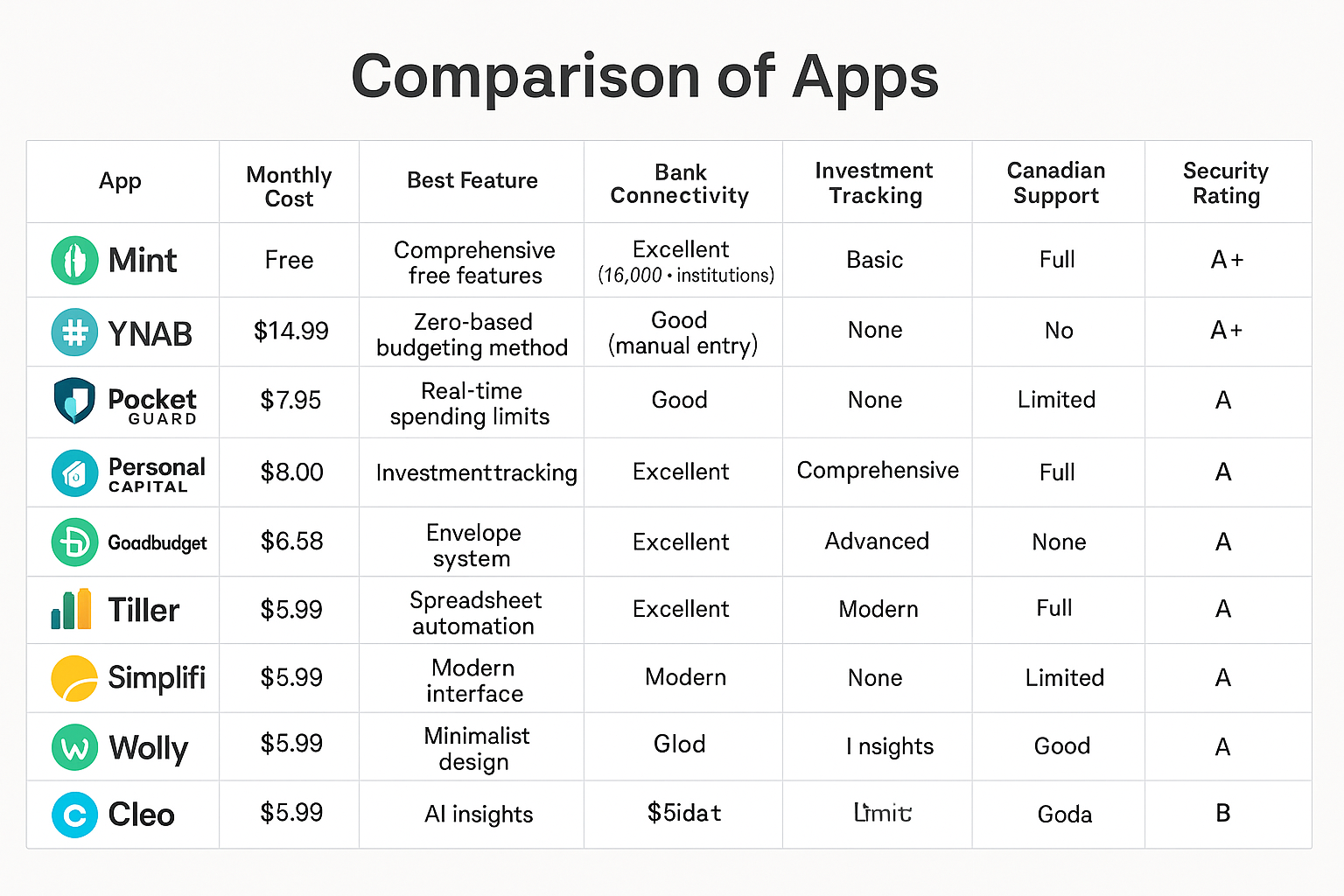 Comprehensive comparison chart showing all apps with visual icons and key metrics